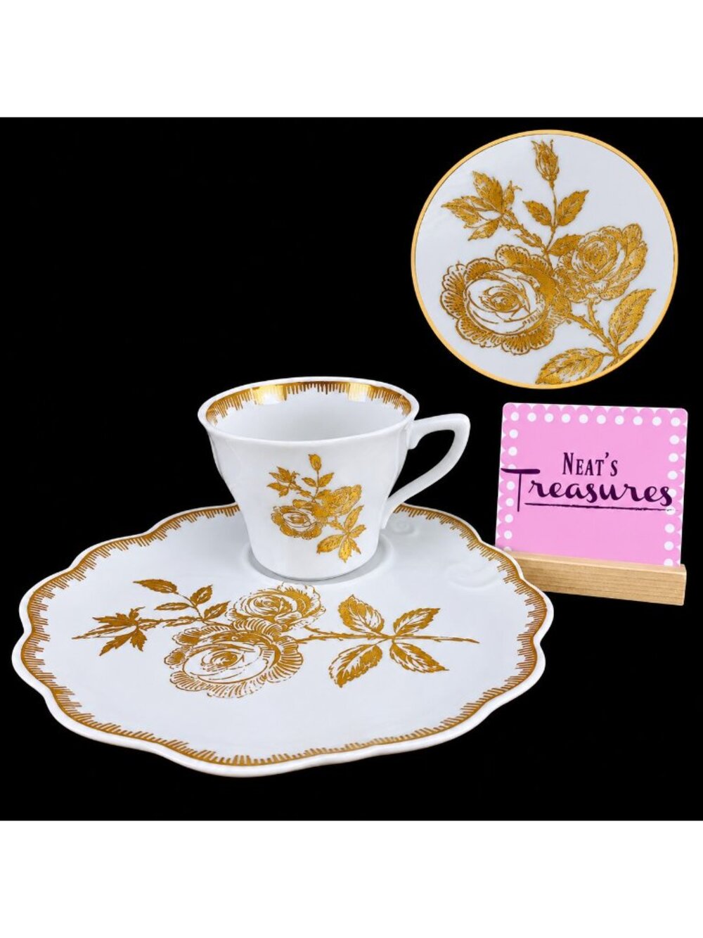 MCM Vintage REVOL Hand Painted White Gold Rose Trim France Plate W Matching Cup